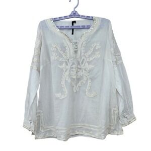 Kay Celine L Ivory Boho Embroidered Tunic Sequin Soutache Cotton Peasant Blouse